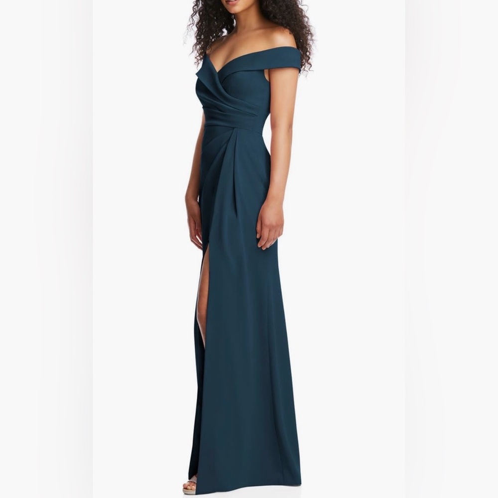 After Six - Deep Teal Atlantic Blue Off the Shoulder Crepe Gown Maxi Dress - Picture 6 of 15